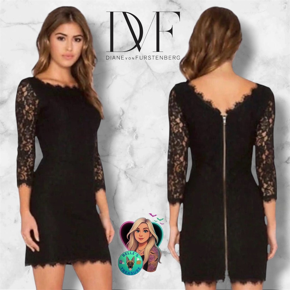 Diane von Furstenburg Women 10 Zarita Lace Mini Dress 3/4 Sleeve Black
2-Way Zip